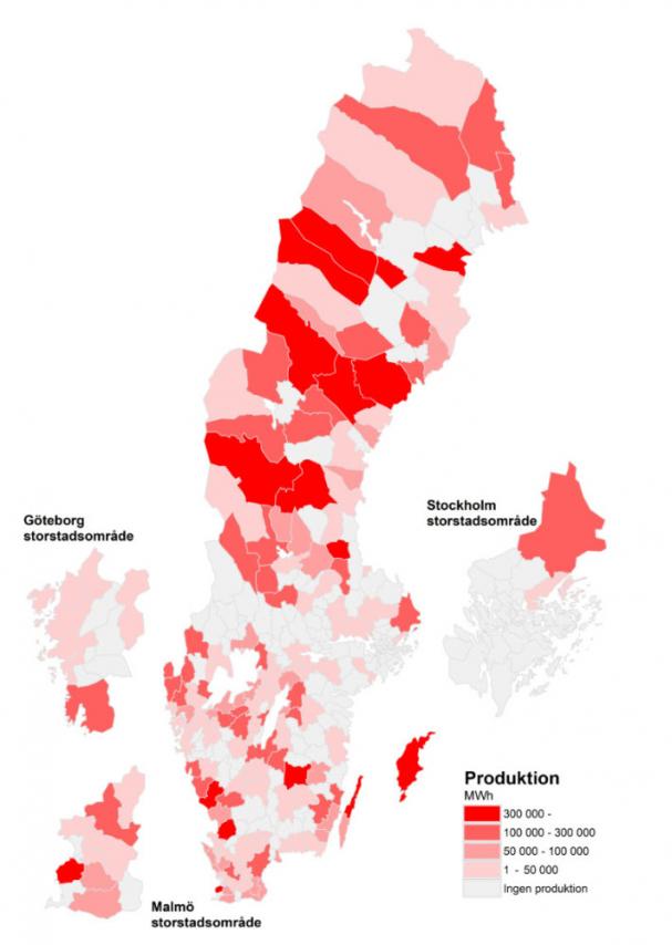 Karta som visar producerad vindkraft, MWh, år 2017 i Sveriges kommuner.